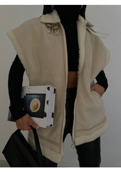 Oversize Nubuk Kürklü Yelek