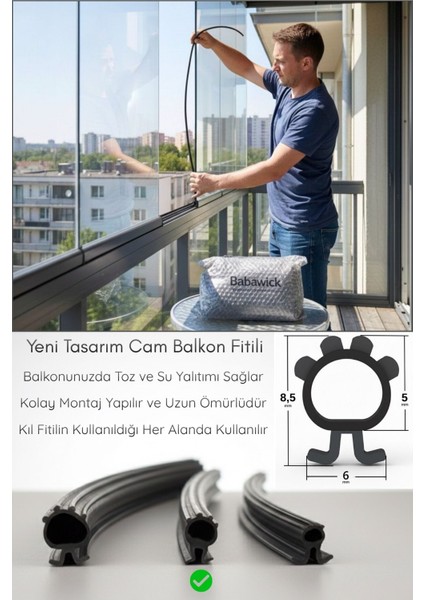 Cam Balkon Fitili 8,5 mm Yükseklik 5 Metre Uzunluk Toz, Ses ve Yağmur Suyu Yalıtımı için Kıl Fitil Alternatifi Siyah Conta
