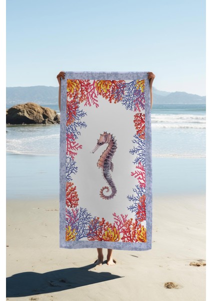Dijital Baskı Plaj Deniz Havlusu Deniz Atı Desenli Peştamal HVL0110