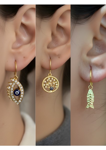 Balık Hayat Ağacı Nazar Göz Sembol Figürlü 3’lü Kadın Küpe Set