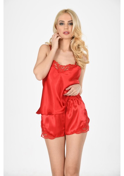 Kırmızı Saten Babydoll Şortlu Takım