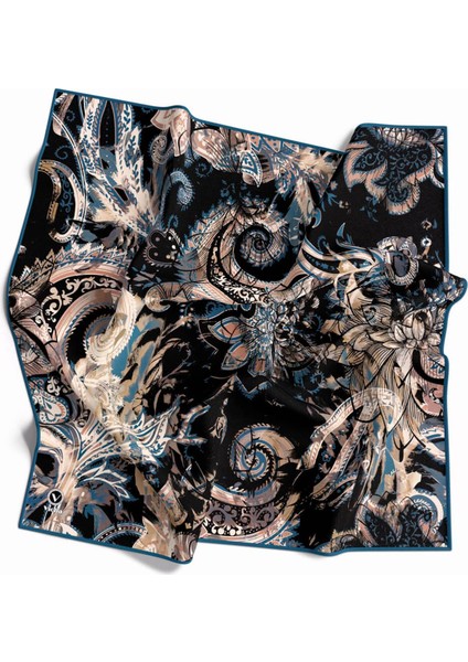 Twill Şal Desenli Petrol Yeşili Renkli 90X90 Eşarp (Ipek Içermez) Kenar Dikiş Şekli El Dikişli