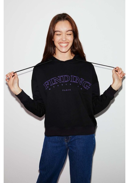Sydney Kadın Içi Polarlı Önü Nakışlı Regular Fit Kapüşonlu Siyah Sweatshirt