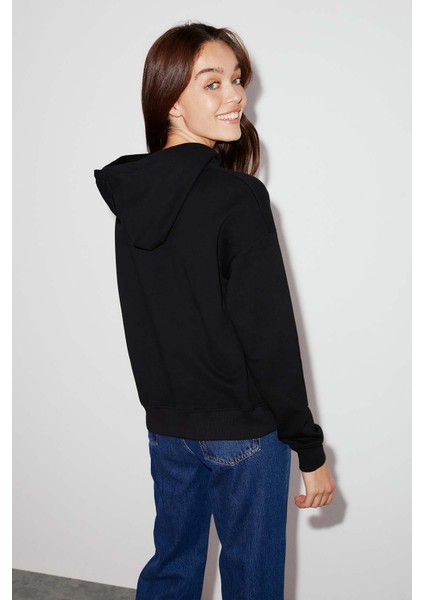 Sydney Kadın Içi Polarlı Önü Nakışlı Regular Fit Kapüşonlu Siyah Sweatshirt indirimleri