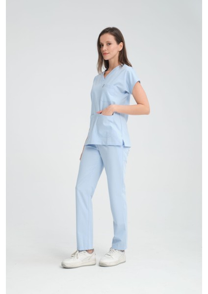 Üniforma V Yaka Buz Mavi Unisex Likralı Ütü Istemeyen Unisex Doktor Hemşire Scrubs Takım