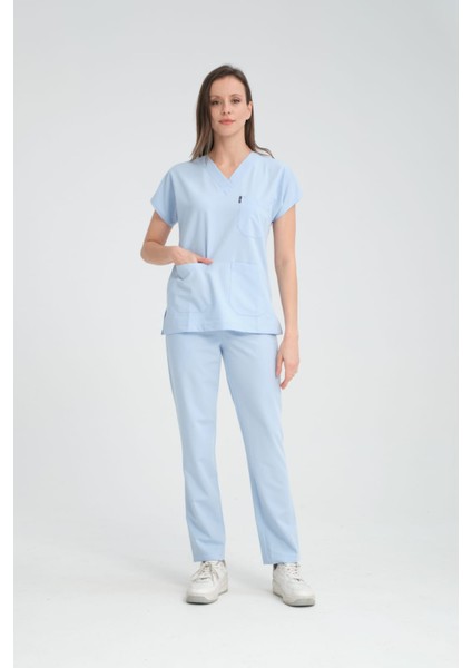 Üniforma V Yaka Buz Mavi Unisex Likralı Ütü Istemeyen Unisex Doktor Hemşire Scrubs Takım modelleri