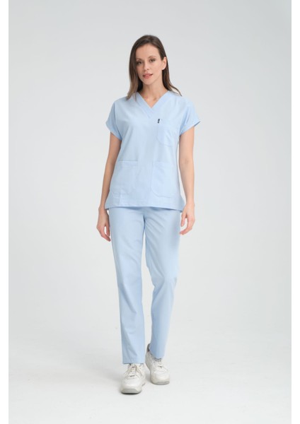Üniforma V Yaka Buz Mavi Unisex Likralı Ütü Istemeyen Unisex Doktor Hemşire Scrubs Takım indirimleri