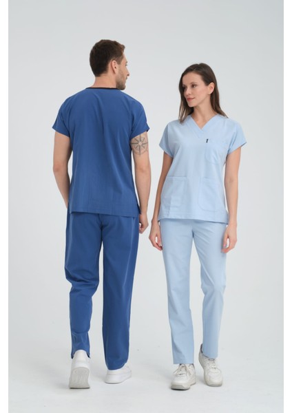 Üniforma V Yaka Buz Mavi Unisex Likralı Ütü Istemeyen Unisex Doktor Hemşire Scrubs Takım