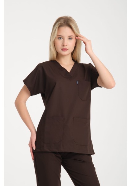 Üniforma V Yaka Acı Kahve Unisex Likralı Ütü Istemeyen Doktor Hemşire Takım Scrubs indirimleri