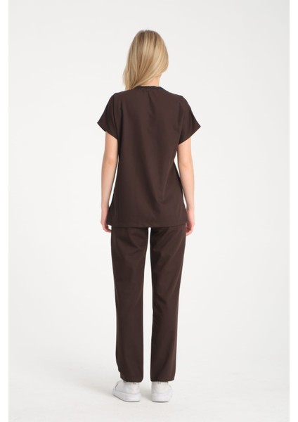 Üniforma V Yaka Acı Kahve Unisex Likralı Ütü Istemeyen Doktor Hemşire Takım Scrubs