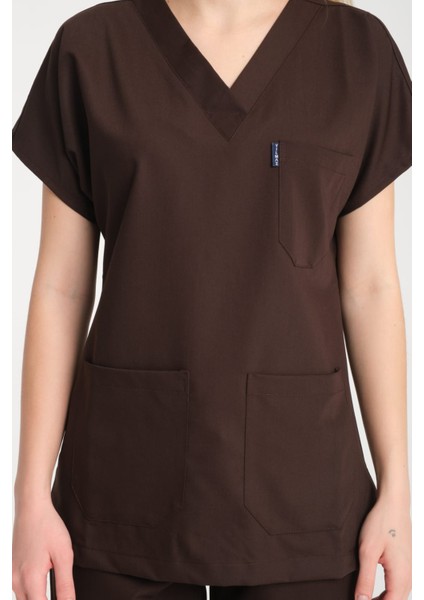 Üniforma V Yaka Acı Kahve Unisex Likralı Ütü Istemeyen Doktor Hemşire Takım Scrubs
