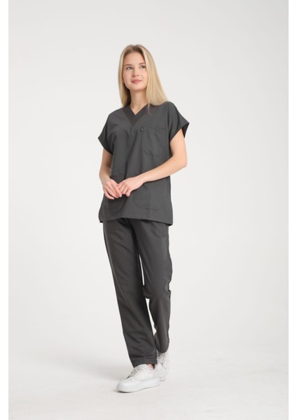 Üniforma V Yaka Antrasit Gri Unisex Likralı Ütü Istemeyen Doktor Hemşire Takım Scrubs