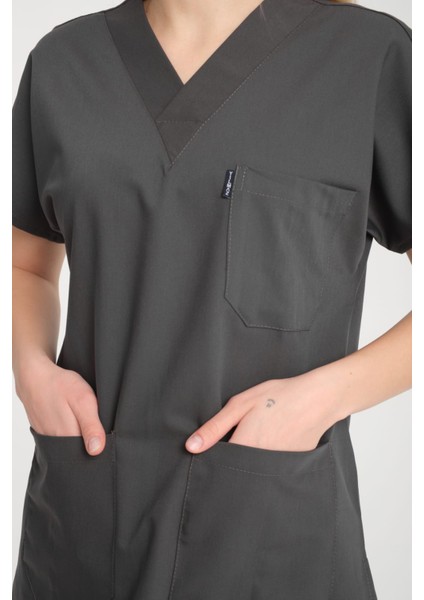 Üniforma V Yaka Antrasit Gri Unisex Likralı Ütü Istemeyen Doktor Hemşire Takım Scrubs modelleri