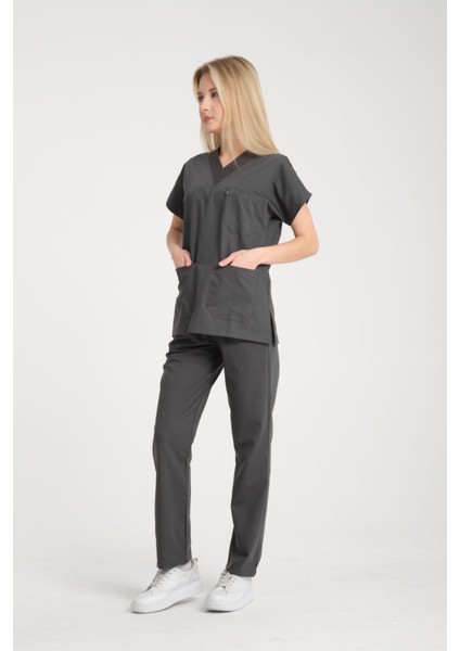 Üniforma V Yaka Antrasit Gri Unisex Likralı Ütü Istemeyen Doktor Hemşire Takım Scrubs indirimleri