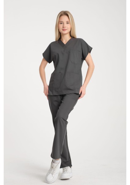 Üniforma V Yaka Antrasit Gri Unisex Likralı Ütü Istemeyen Doktor Hemşire Takım Scrubs