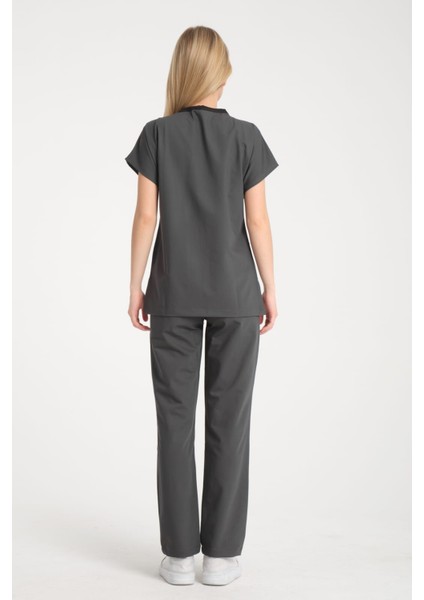 Üniforma V Yaka Antrasit Gri Unisex Likralı Ütü Istemeyen Doktor Hemşire Takım Scrubs