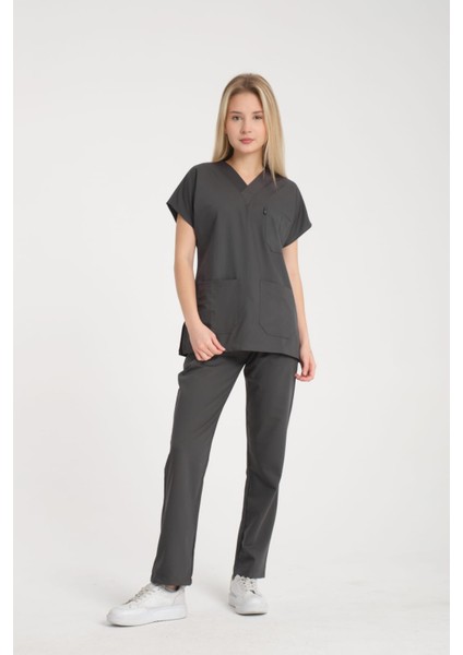 Üniforma V Yaka Antrasit Gri Unisex Likralı Ütü Istemeyen Doktor Hemşire Takım Scrubs