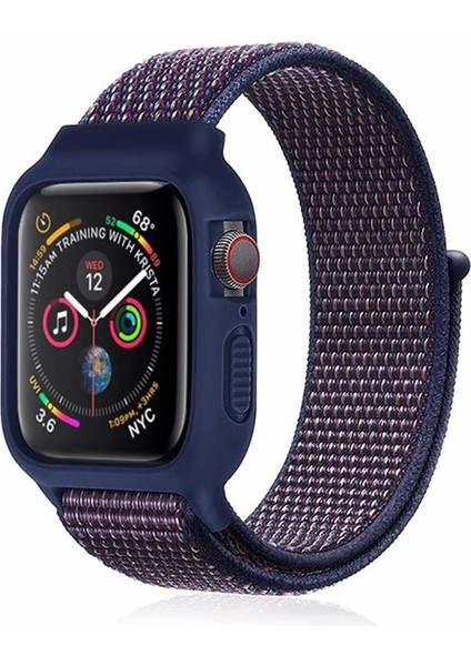CPT83 Apple Watch 38MM Hasırlı Cırtcırtlı Kasalı Kordon - Lacivert-Mürdüm