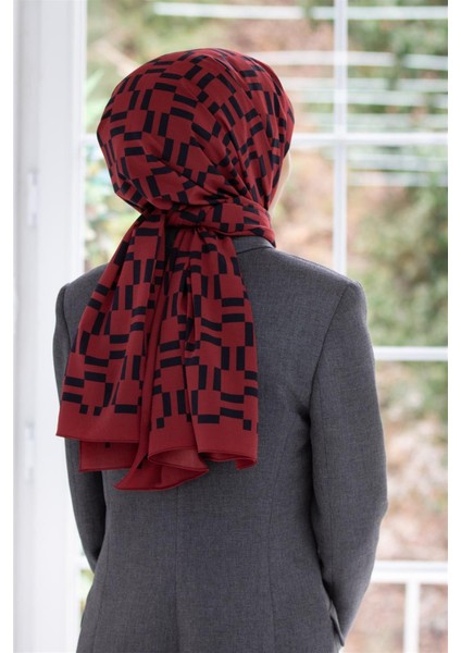 Lüks Medine Ipeği Monogram Desenli Bordo Renkli 75X195 Kırışmaz Şal Moss Krep Dikiş Tipi Italyan Dikişli