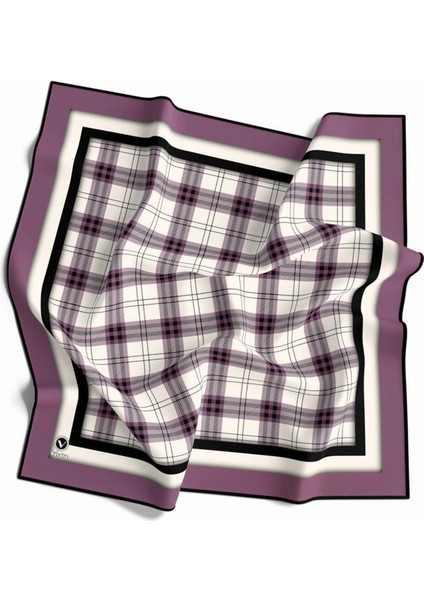 Twill Ekose Desenli Lila Renkli 90X90 Eşarp (Ipek Içermez) Kenar Dikiş Şekli El Dikişli