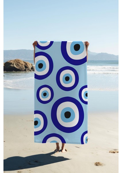 Dijital Baskı Plaj Deniz Havlusu Nazar Boncuğu Desenli Peştamal HVL0208