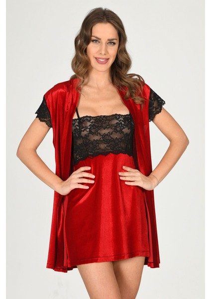 Kırmızı Kadife Sabahlık & Gecelik Takım 2' Li - 1428 fiyatları