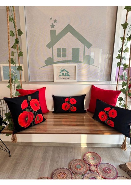 D150 Siyah Zemin Kırmızı Gelinciik-Düz- Kırlent -5li Kombin Set