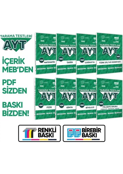 2026 Yks-Ayt Mebi-Ogm 8li Tüm Dersler Özgün Tarama Test Kitabı A4 Boyut Renkli Görsel Baskı Ücreti