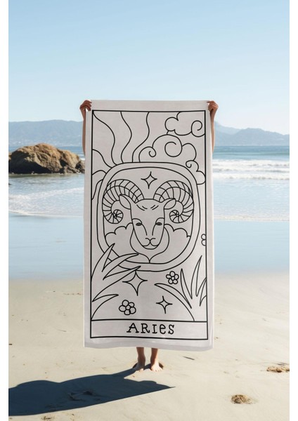 Dijital Baskı Plaj Deniz Havlusu Koç Burcu Desenli Peştamal HVL0041