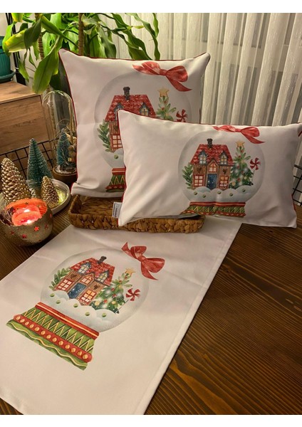 H1256 Cam Fanusta Evler Kırlent Runner 3lü Kombin Set