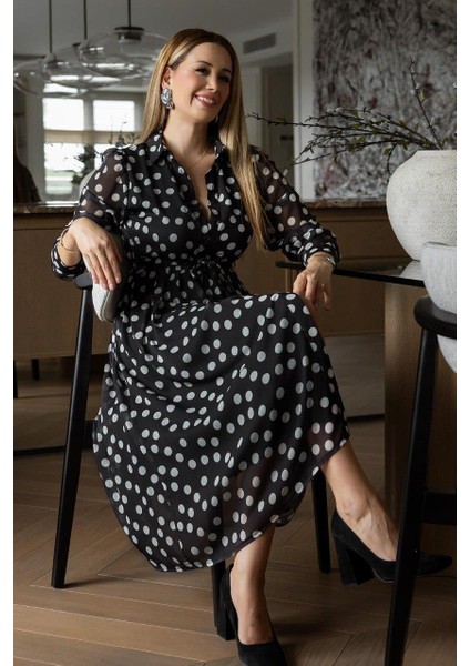 Siyah Beyaz Puantiyeli Şifon Gömlek Elbise