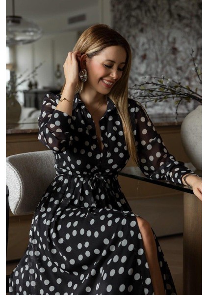 Siyah Beyaz Puantiyeli Şifon Gömlek Elbise fiyatları