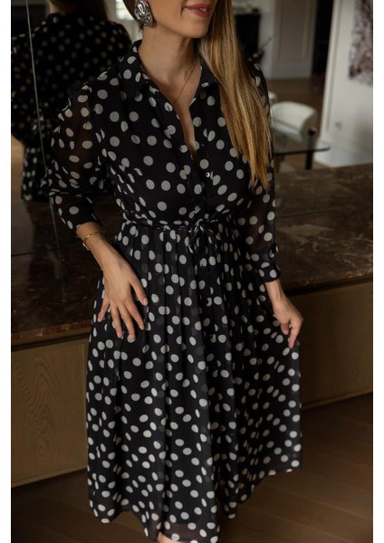 Siyah Beyaz Puantiyeli Şifon Gömlek Elbise modelleri