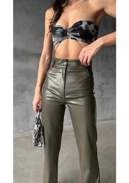 Yeşil Suni Deri Kadın Pantolon modelleri