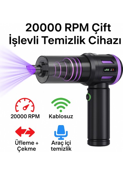 Mini Şarjlı Süpürge Üfleme Özelikli 8 Başlıklı Güçlü Motorlu Araba Ev Klavye ve Hasas Alan Temizliği