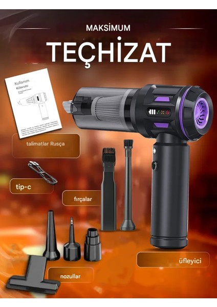 Mini Şarjlı Süpürge Üfleme Özelikli 8 Başlıklı Güçlü Motorlu Araba Ev Klavye ve Hasas Alan Temizliği