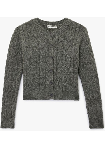 Bisiklet Yaka Düğmeli Saç Örgü Dokulu Triko Hırka