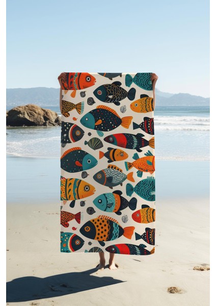 Dijital Baskı Plaj Deniz Havlusu Balık Desenli Peştamal HVL0118