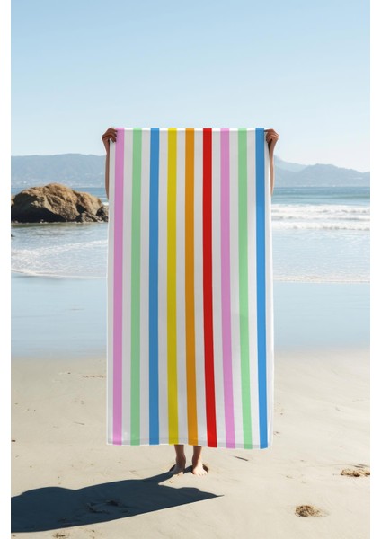 Dijital Baskı Plaj Deniz Havlusu Renkli Çizgiler Desenli Peştamal HVL0205