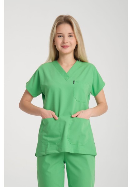 Üniforma V Yaka Fıstık Yeşil Unisex Likralı Ütü Istemeyen Doktor Hemşire Takım Scrubs indirimleri