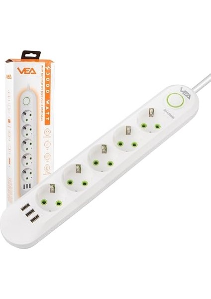 Korumalı Priz, 5'li Çoklu Priz, 3 Usb, 1.5 mt Kablo, Anahtarlı Grup Priz, USB Li Priz, Isıya Dayanıklı, 3000 Watt Gücünde fırsatları
