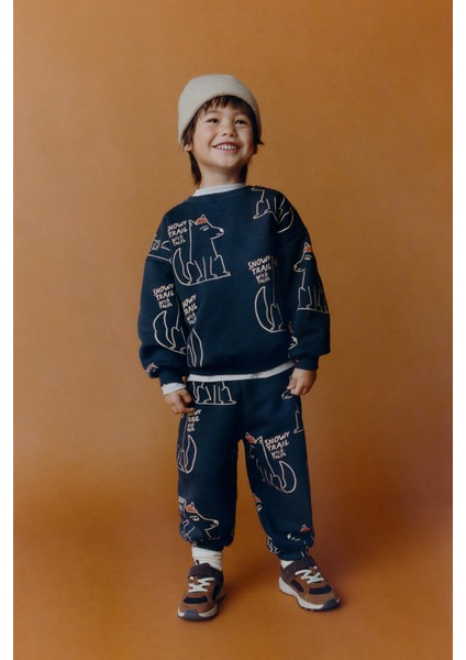 Erkek Çocuk Pamuklu Lacivert Kurt Baskılı Eşofman Takımı – Rahat Kesim