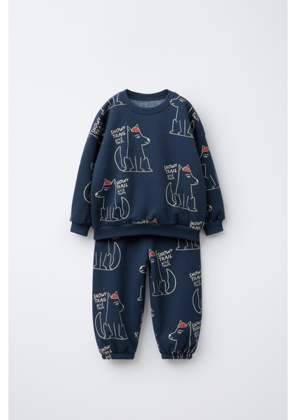 Erkek Çocuk Pamuklu Lacivert Kurt Baskılı Eşofman Takımı – Rahat Kesim fiyatları