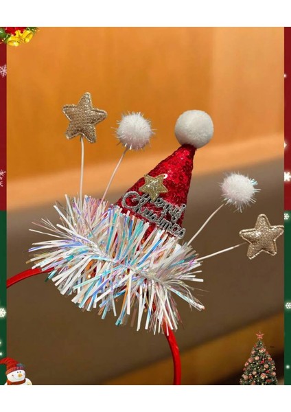 Noel Taç Saç Bandı, Kırmızı Simli Noel Baba Şapkalı, Beyaz Ponponlu, Yıldız ve Tinsel Süslemeli, Yetişkin ve Çocuk Için Parti Aksesuarı fiyatları