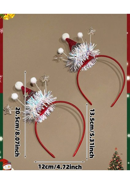 Noel Taç Saç Bandı, Kırmızı Simli Noel Baba Şapkalı, Beyaz Ponponlu, Yıldız ve Tinsel Süslemeli, Yetişkin ve Çocuk Için Parti Aksesuarı modelleri