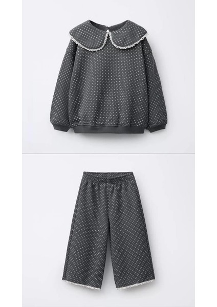Kız Çocuk Pamuklu Puantiye Desenli Dantel Yakalı Takım – Geniş Paça Pantolonlu fırsatları