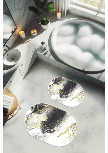 Yıkanabilir Kaymaz Tabanlı Modern Desenli 2'li Banyo Paspas Takımı OBPS0014