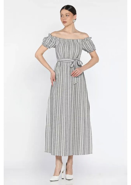 Madonna Yaka Midi Yırtmaçlı Kuşaklı Keten Elbise fiyatları