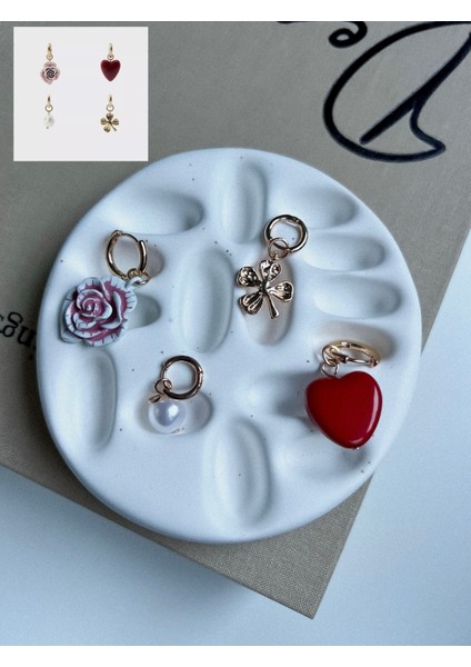 Dörtlü Gül ve Kalp Model Küpe Gold