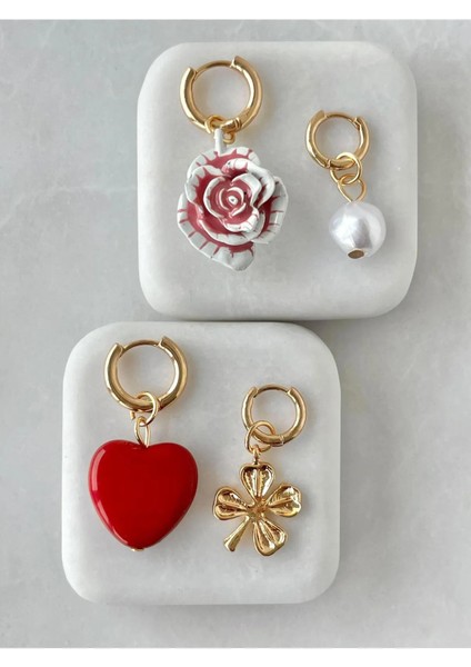 Dörtlü Gül ve Kalp Model Küpe Gold fiyatları